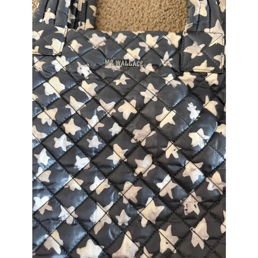 MZ Wallace Metro Tote Deluxe Medium Dark Grey White Stars Quilted Nylon Bag